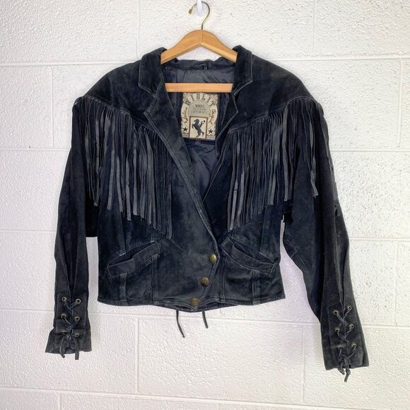 Vintage Winlet Western Cowgirl Black Suede Fringe Jacket Size M - Picture 1 of 14